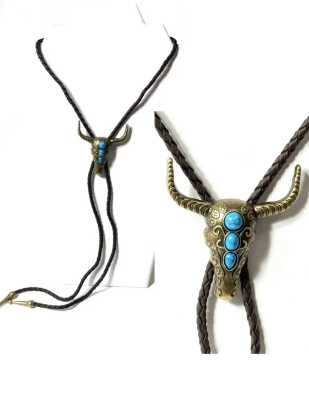 Gold-tone, turquoise-tone bull skull western cowboy bolo tie